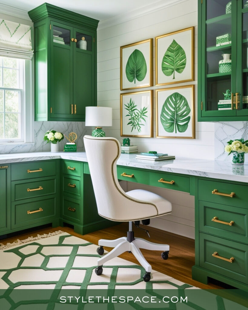 Green Home Office With Botanical Art and Brass Accents