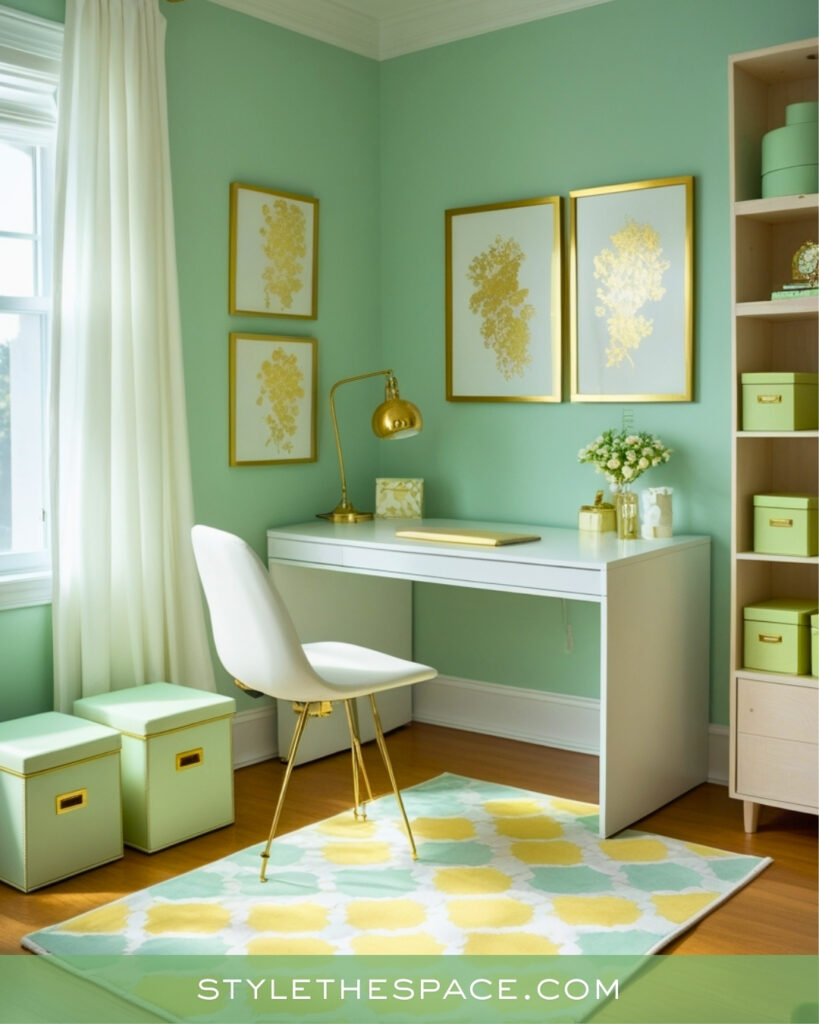 Mint Green Home Office With Soft Gold Accents