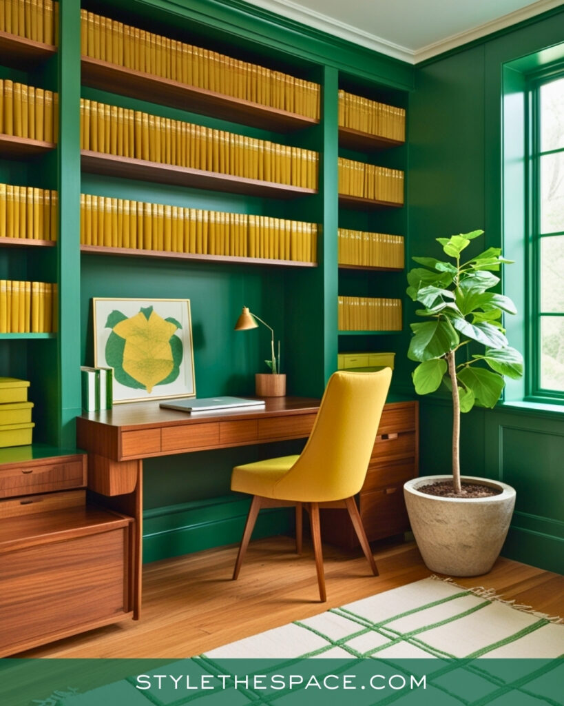 Green Home Office With Mustard and Warm Wood Tones