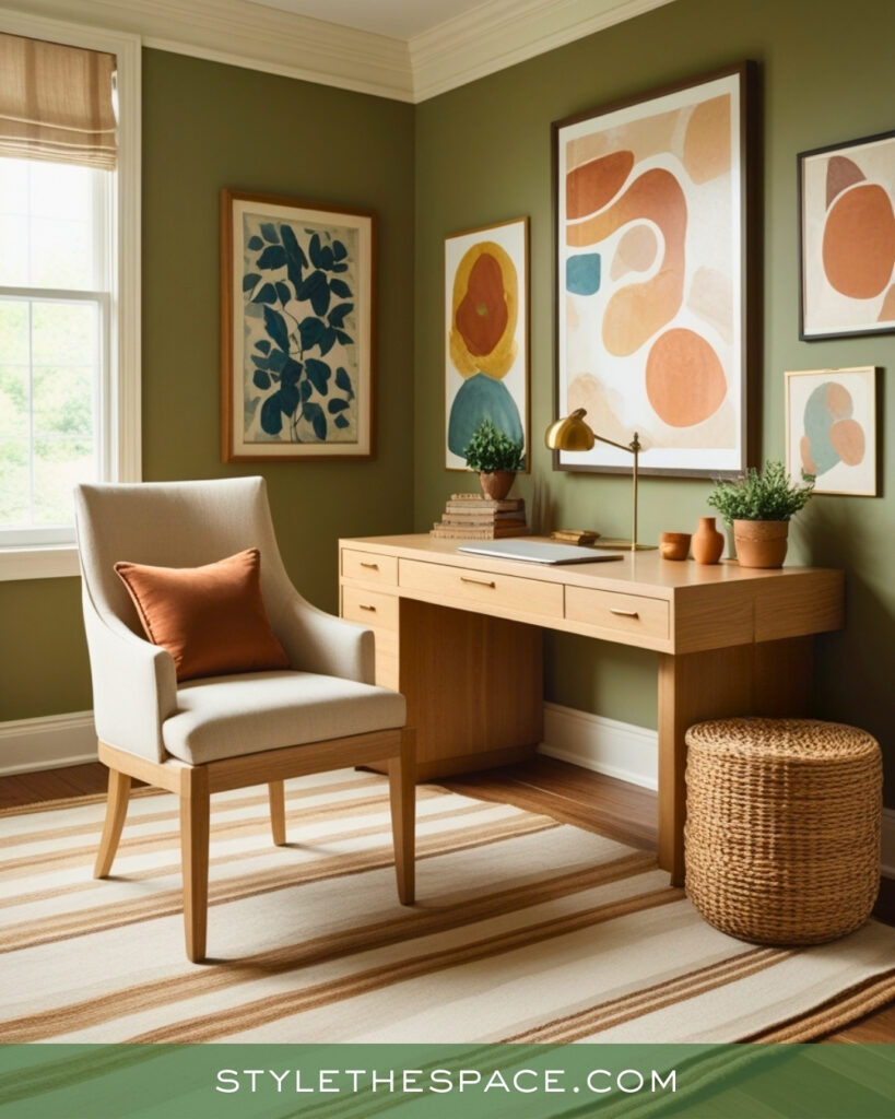 Olive Green Home Office With Warm Neutral Accents
