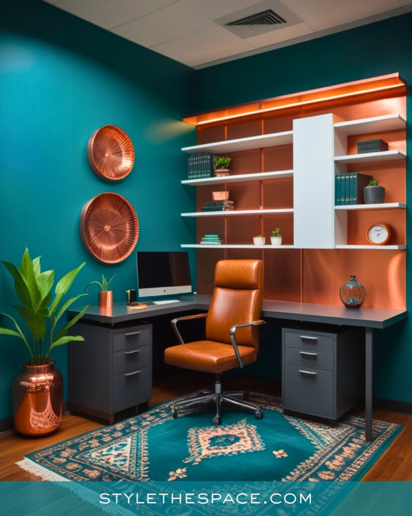 Teal Green Home Office With Copper and Charcoal Accents