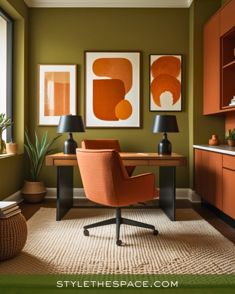 Olive Green Home Office With Terracotta Accents