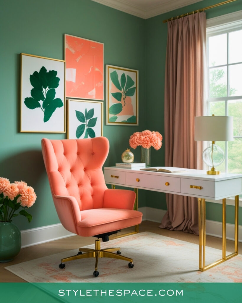 Sage Green Home Office With Blush and Coral Accents