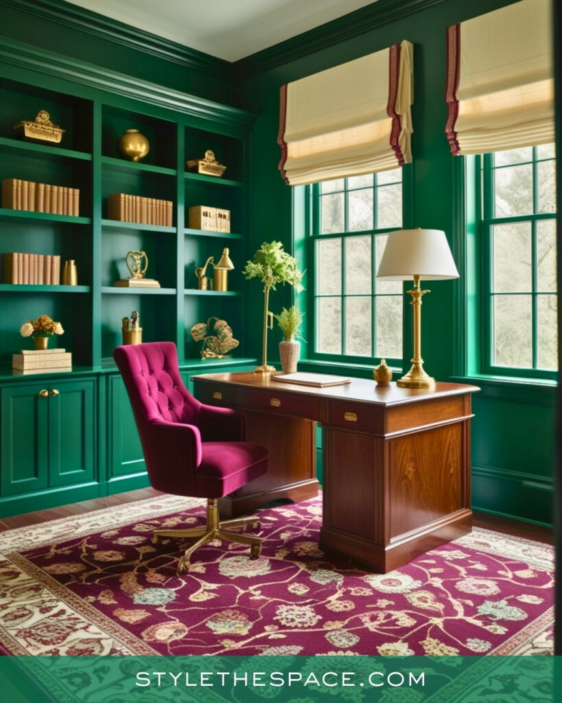 Emerald Green Home Office With Plum and Gold Details