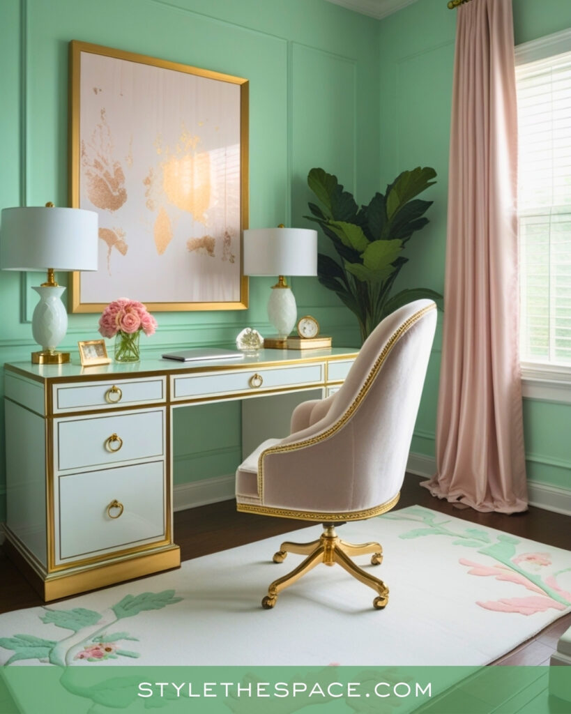 Mint Green Home Office With Blush and Gold Accents