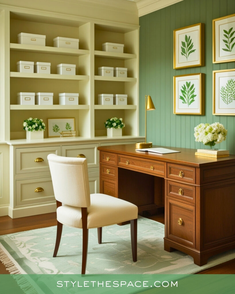 Soft Sage Green Home Office With Classic Wood Details