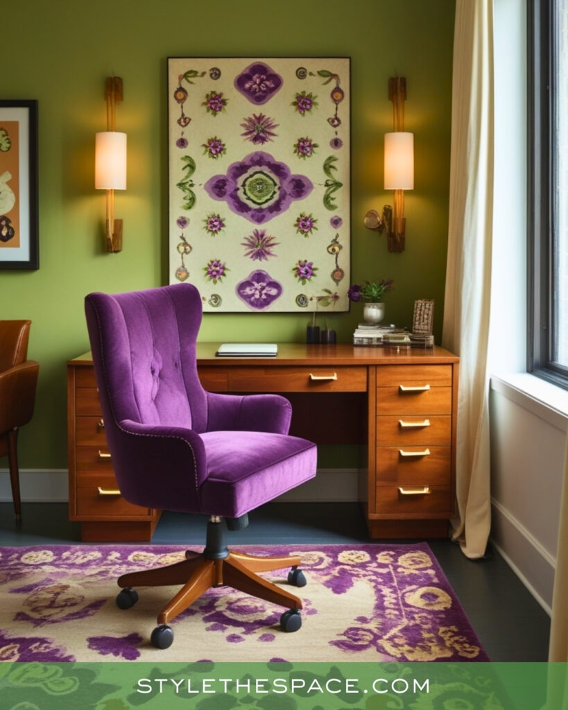 Olive Green Home Office With Purple Accents