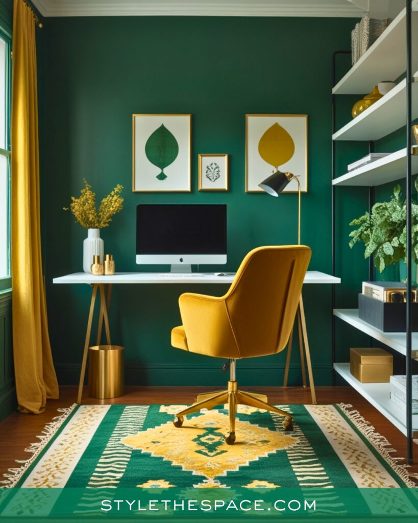 Green Home Office With Mustard Yellow Accents