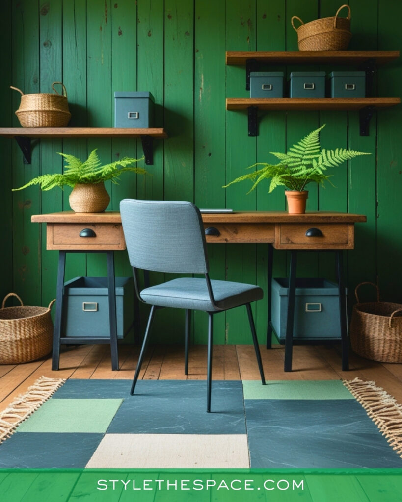 Rustic Green Home Office With Natural Wood Accents