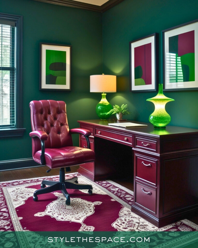 Moody Green Home Office With Burgundy Accents