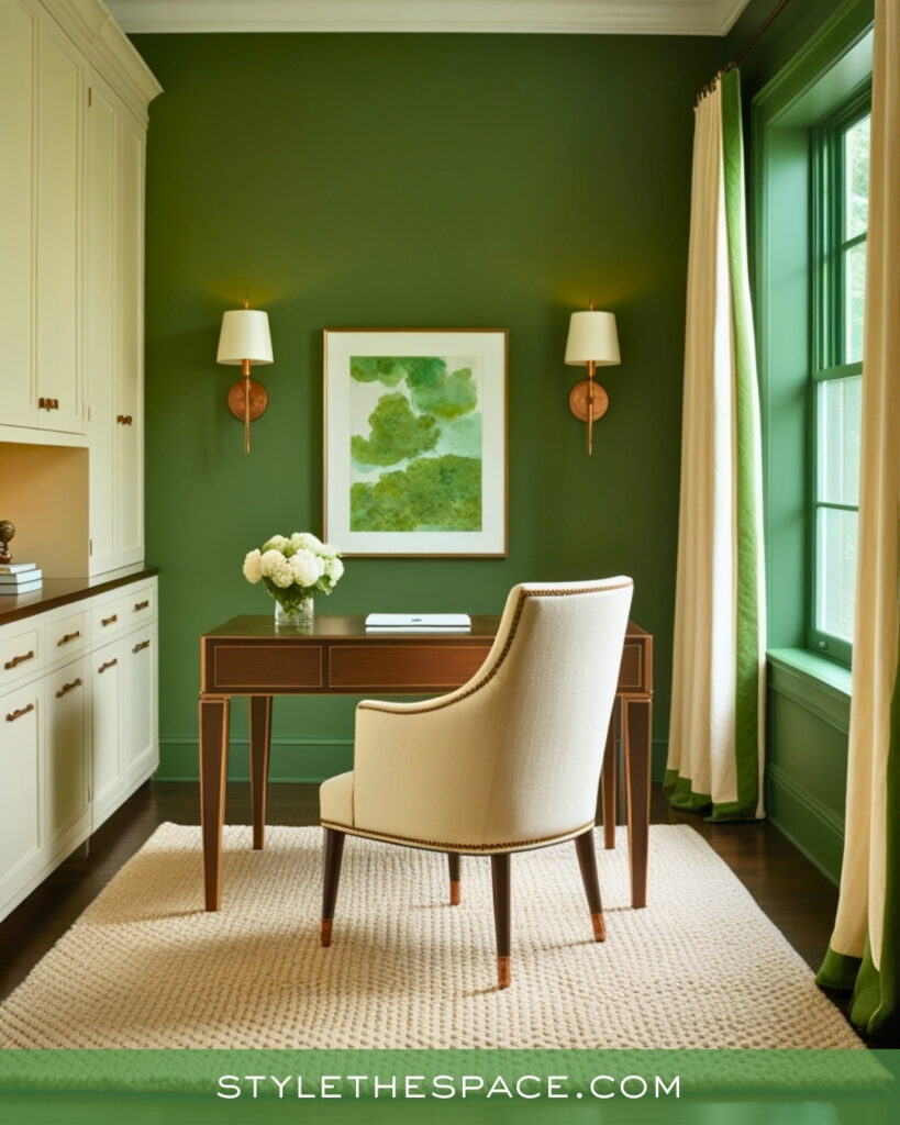 Soft Green Home Office With Warm Neutral Tones