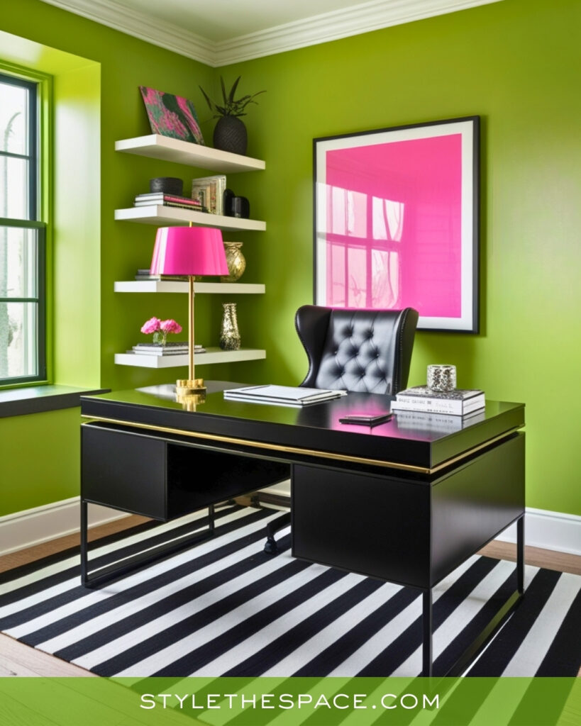 Lime Green Home Office With Black and Pink Accents
