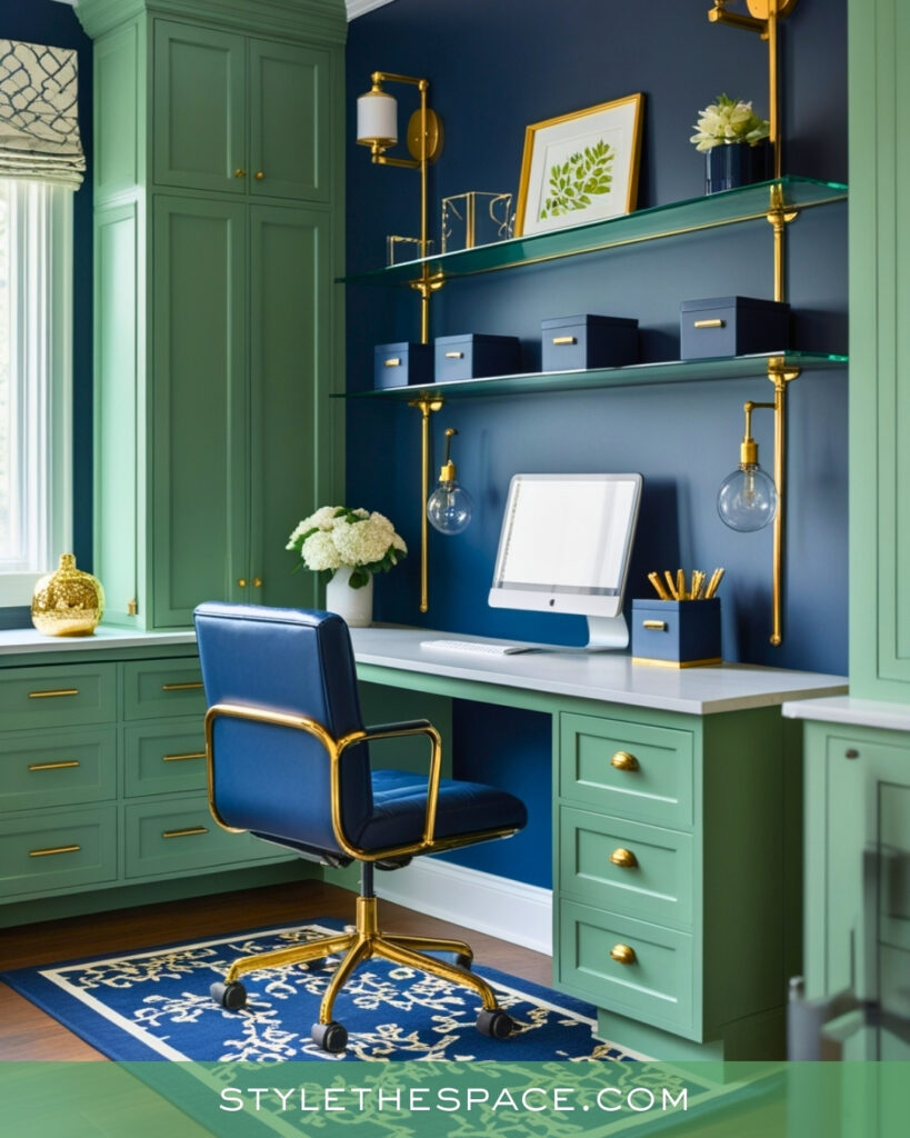 Green Home Office With Navy Blue and Brass Details