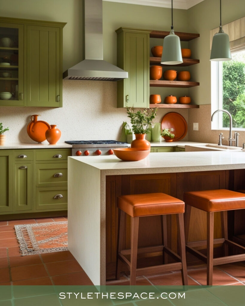 Earthy Green Kitchen with Warm Terracotta Accents