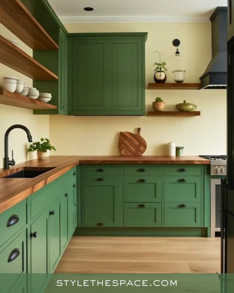 Warm Green Kitchen with Natural Wood Finishes