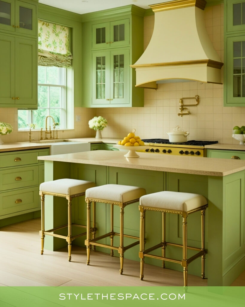Soft Green Kitchen with Elegant Gold Accents