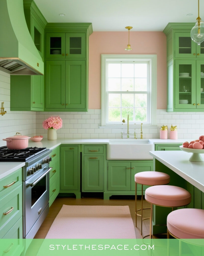 Green Kitchen with Soft Pink and Gold Accents