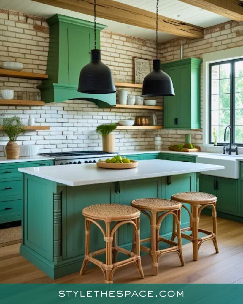 Green Kitchen with Brick Walls and Natural Texture