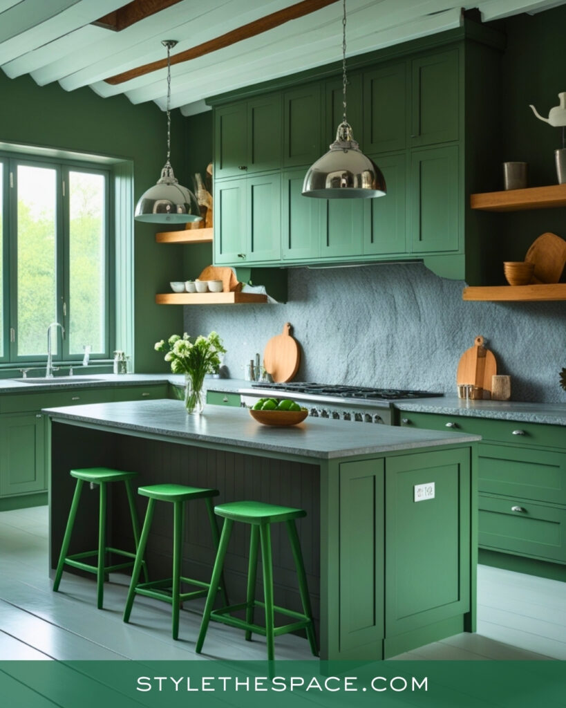 Moody Green Kitchen with Stone and Wood Accents