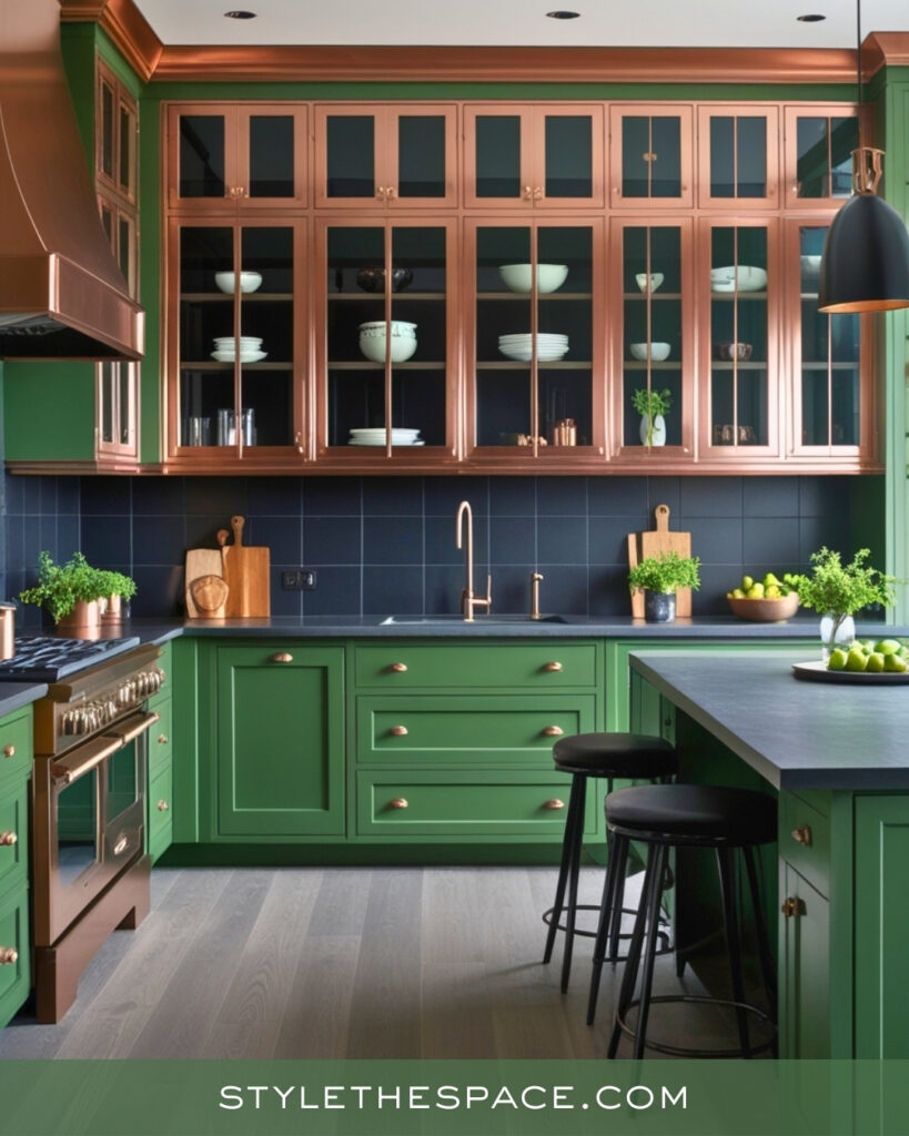 Green Kitchen with Copper Cabinets and Dark Tile