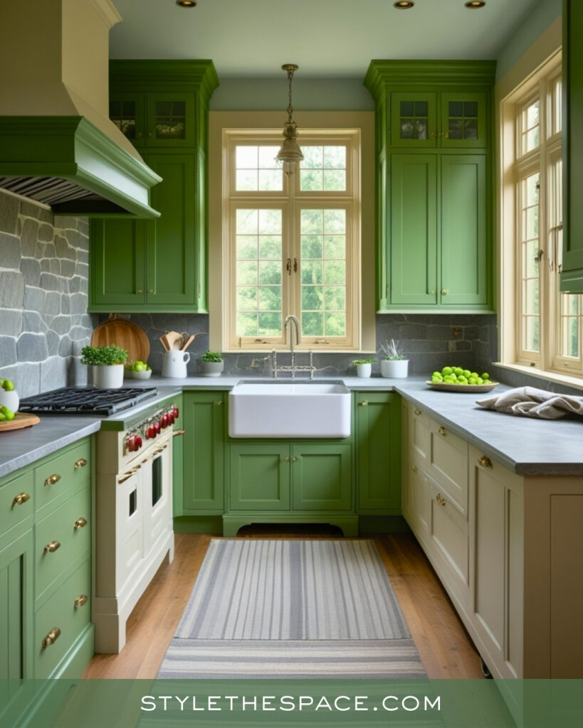 Green Kitchen with Stone Backsplash and Classic Details
