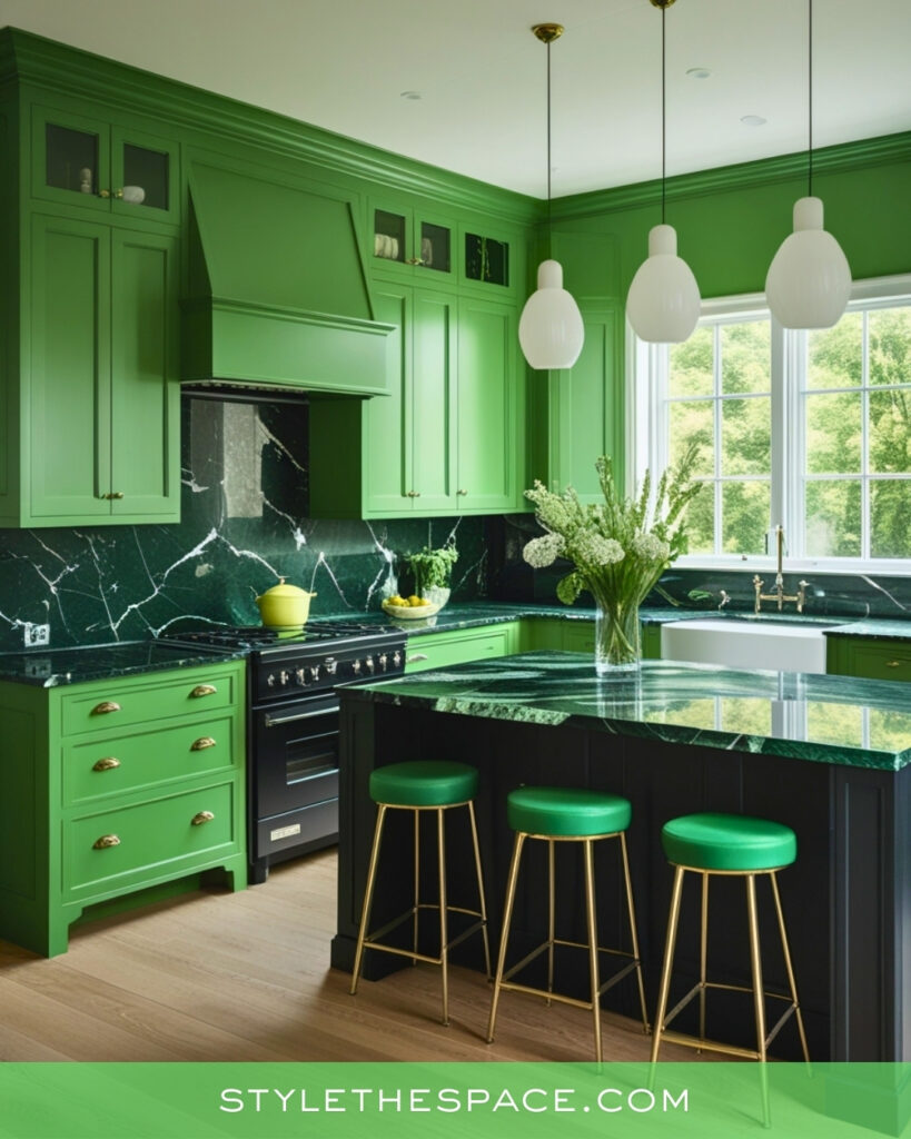Bold Green Kitchen with Marble and Brass Accents