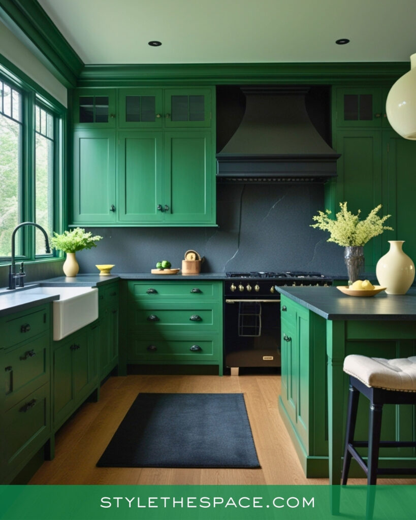Deep Green Kitchen with Black Accents