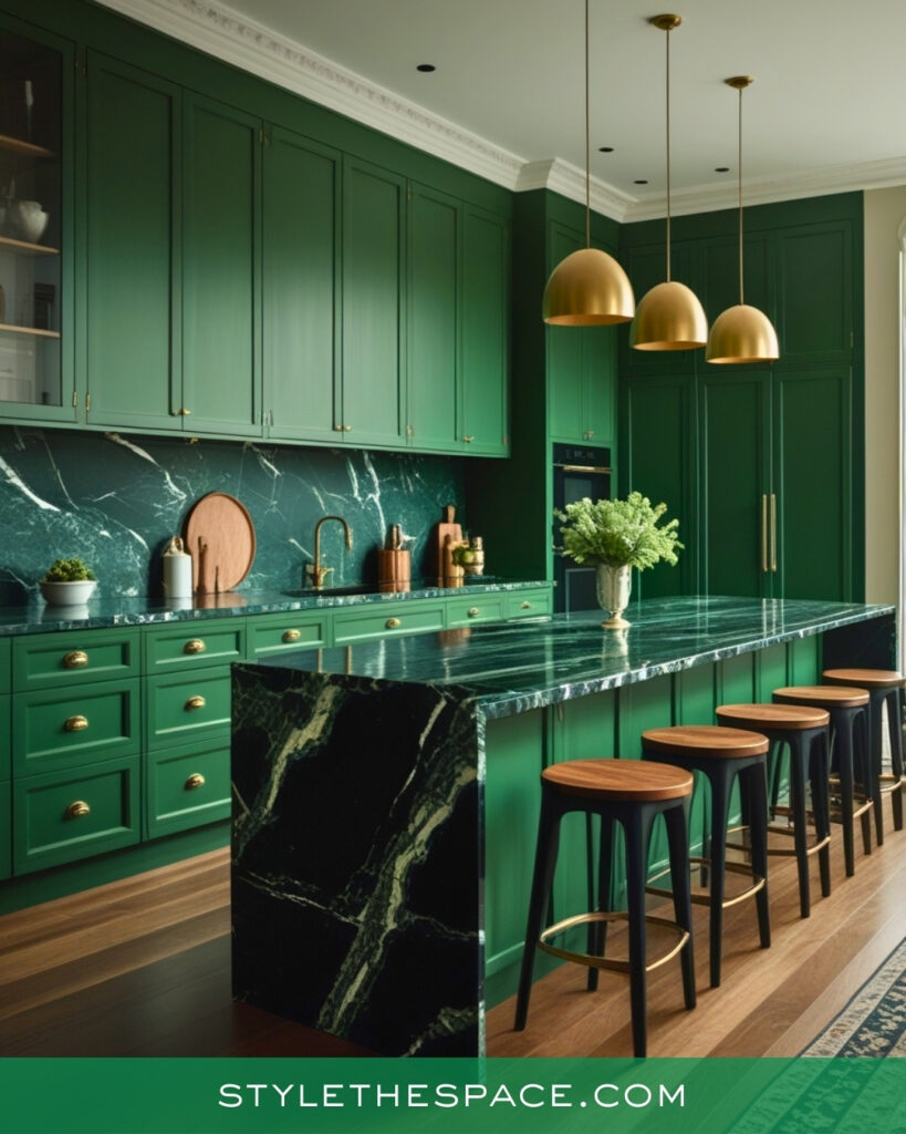 Luxurious Green Kitchen with Marble and Brass