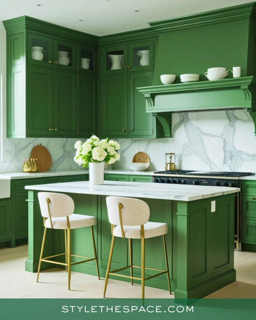 Classic Green Kitchen with Marble and Brass Details