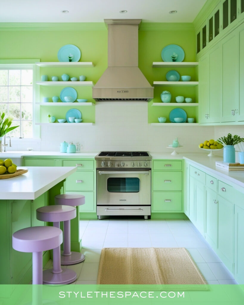 Light Green Kitchen with Playful Pastels and Open Shelving