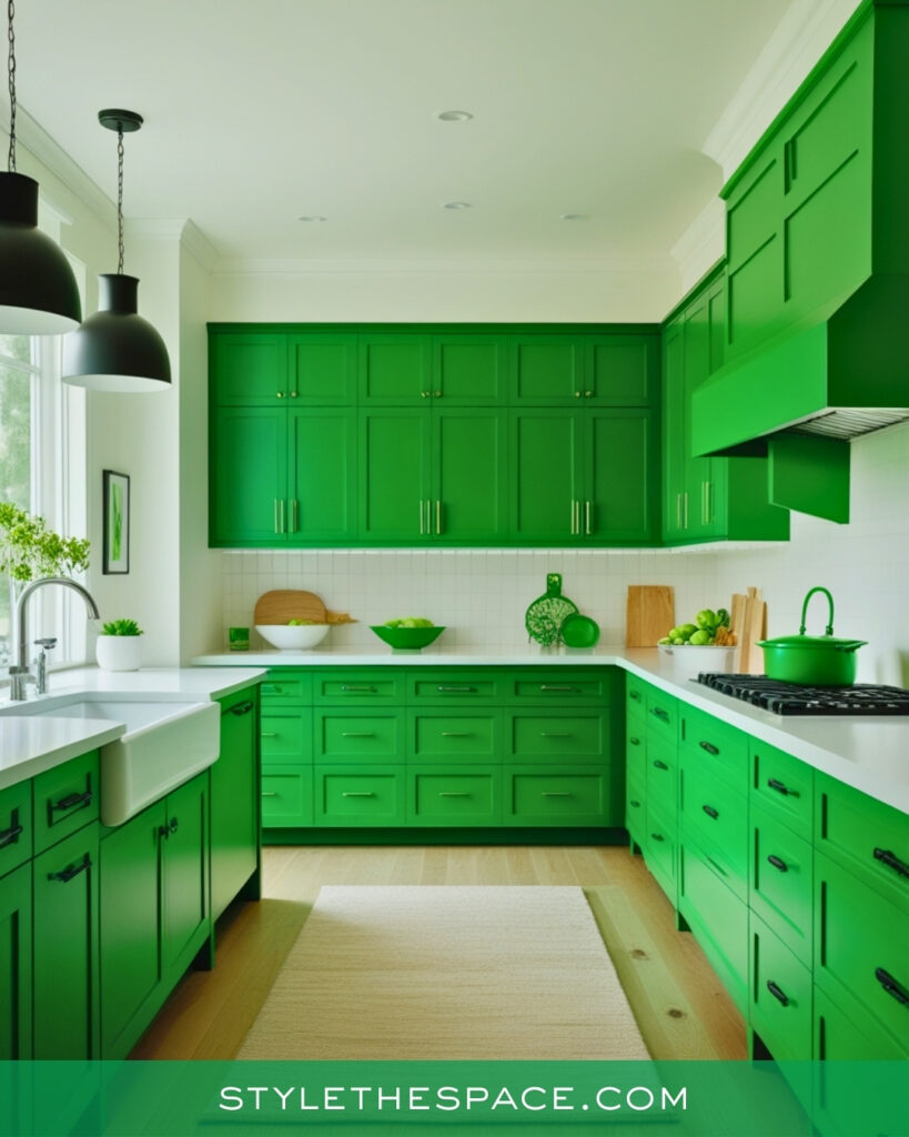 Vibrant Green Kitchen with Clean White Contrast