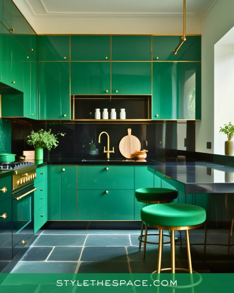 Glossy Green Kitchen with Gold and Black Accents