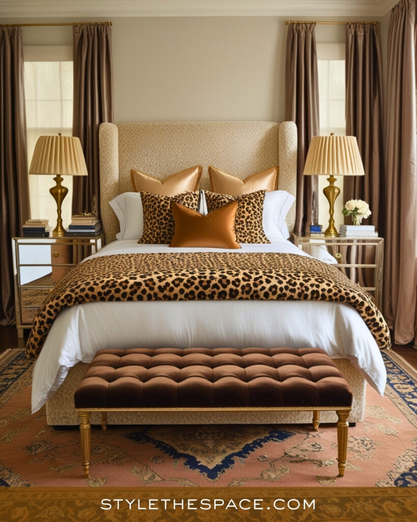 Leopard Print Bedroom with Warm Neutrals and Gold Accents