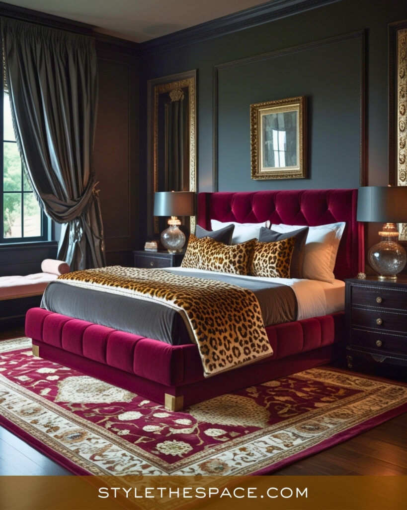 Burgundy and Leopard Print Bedroom with Moody Elegance