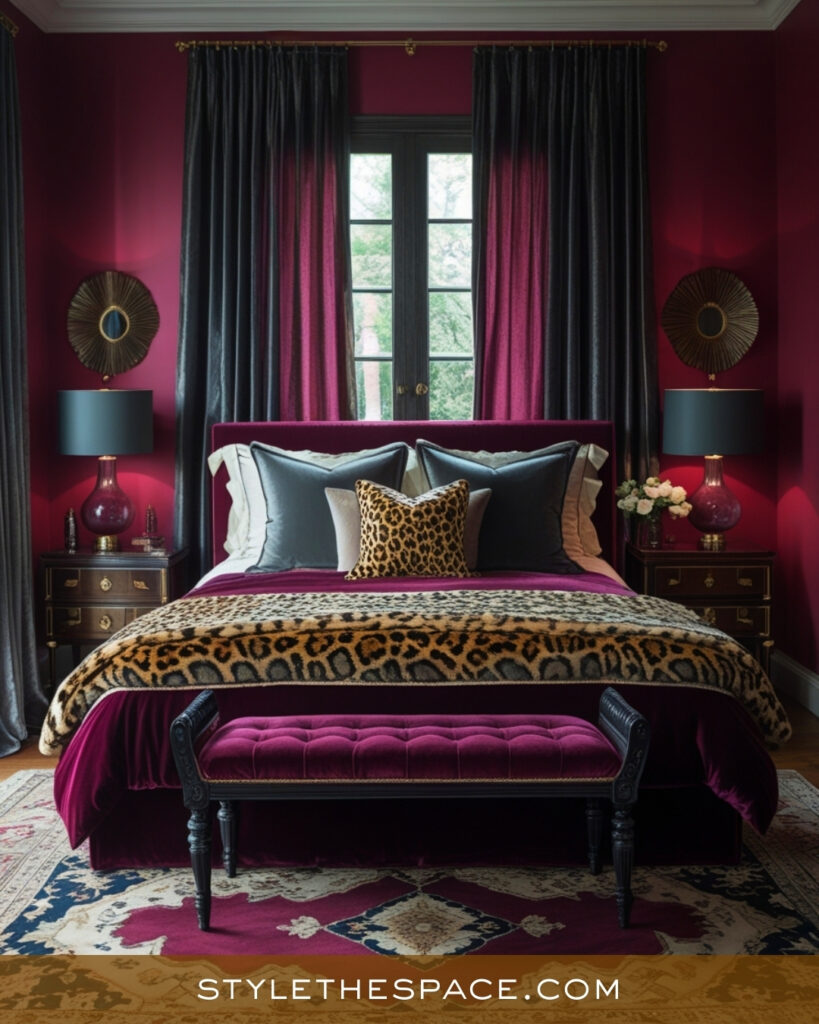 Burgundy and Leopard Print Bedroom with Moody Elegance