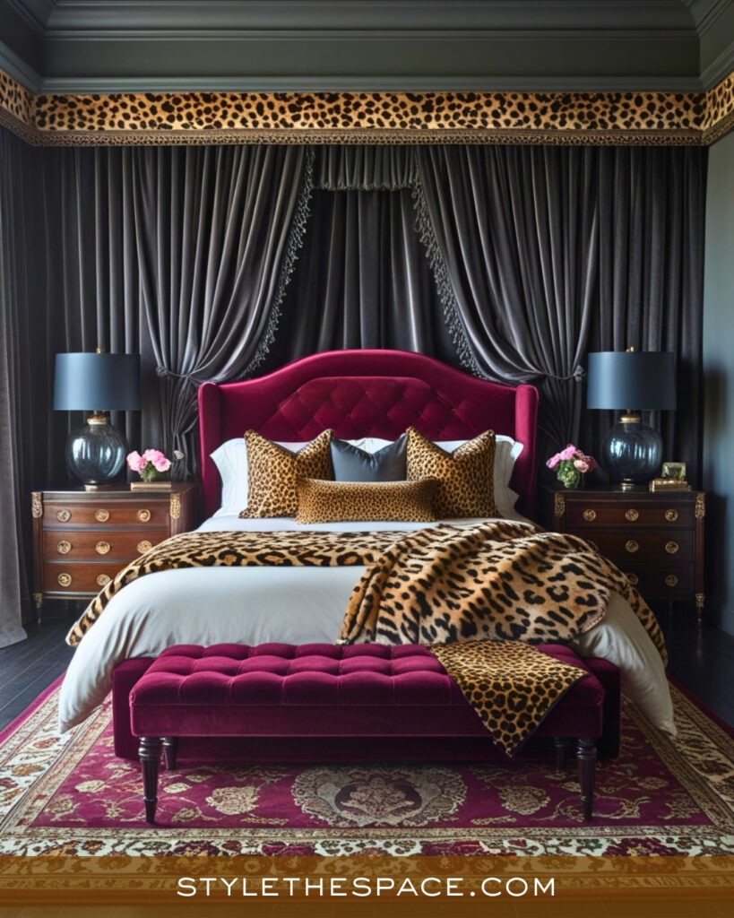 Burgundy and Leopard Print Bedroom with Moody Elegance