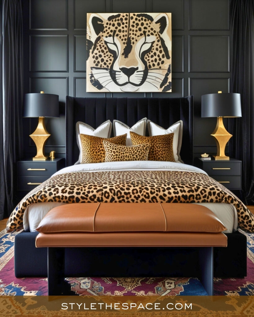 Black and Leopard Print Bedroom with Modern Glam