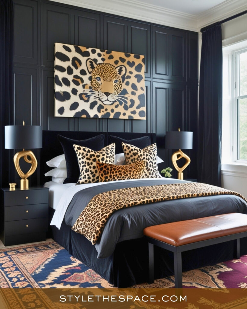 Black and Leopard Print Bedroom with Modern Glam