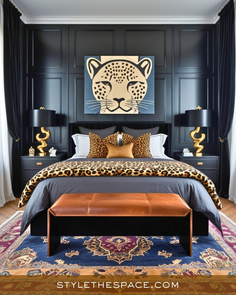 Black and Leopard Print Bedroom with Modern Glam