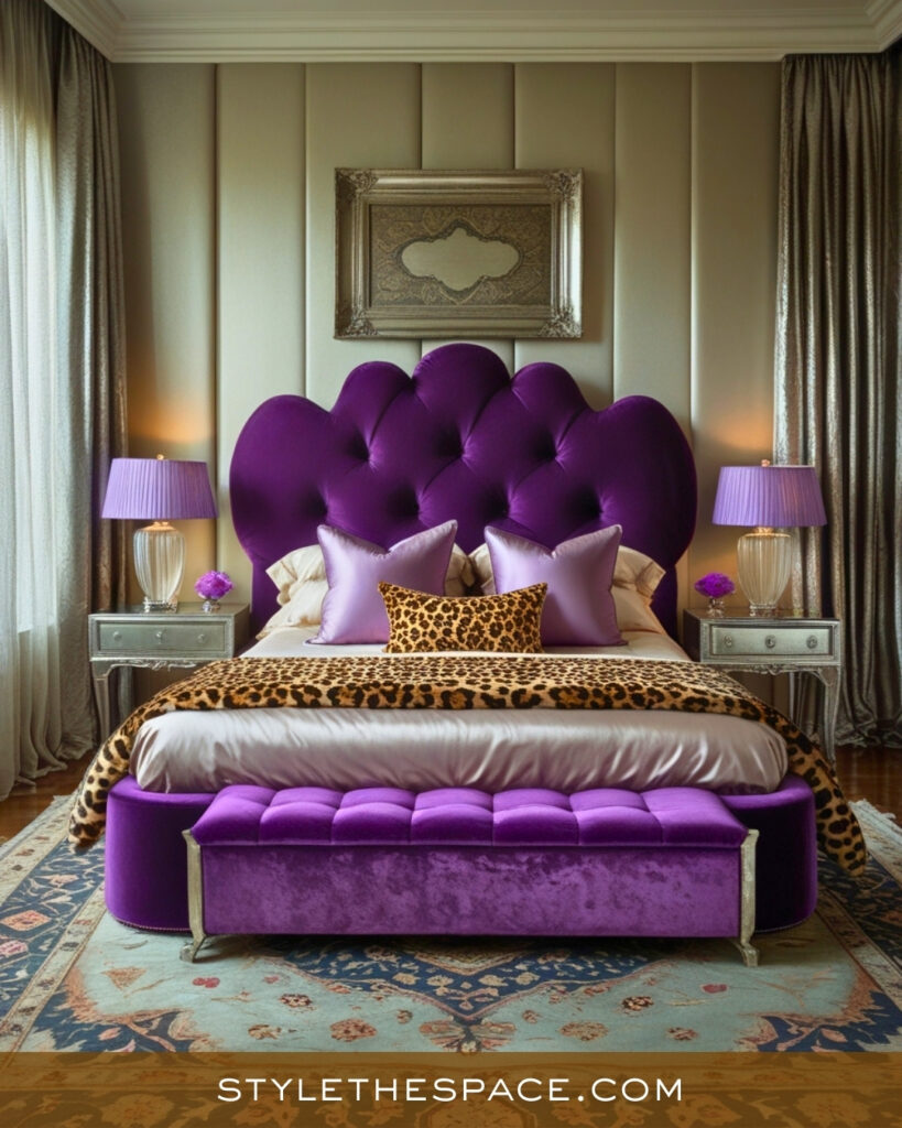 Purple and Leopard Print Bedroom with Plush Glam Style