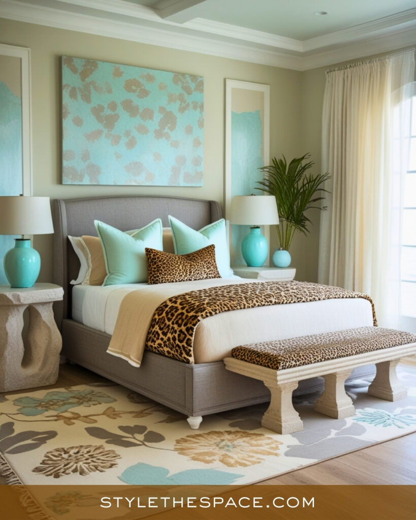 Neutral and Leopard Print Bedroom with Soft Aqua Accents