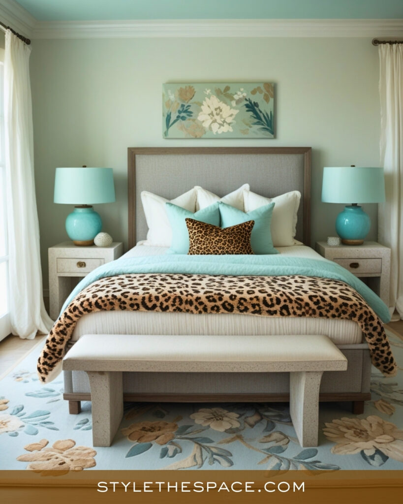 Neutral and Leopard Print Bedroom with Soft Aqua Accents