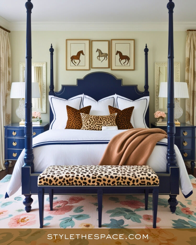 Navy Blue and Leopard Print Bedroom with Classic Charm