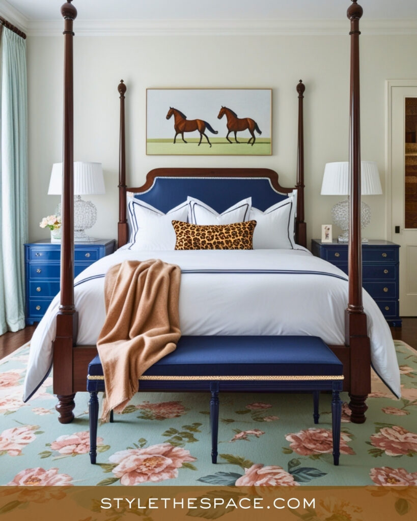Navy Blue and Leopard Print Bedroom with Classic Charm