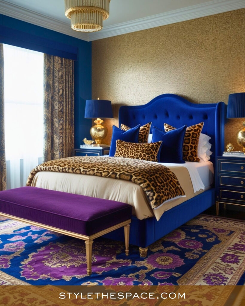 Royal Blue and Leopard Print Bedroom with Luxe Contrast