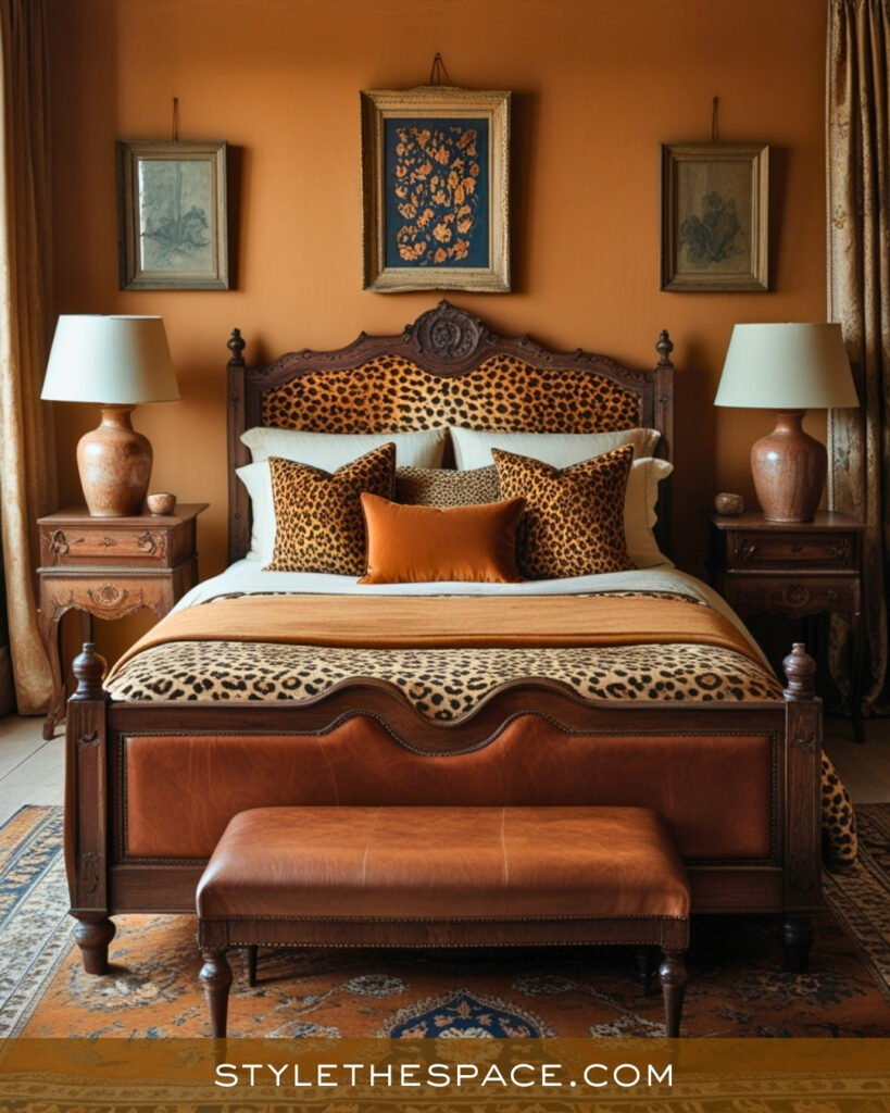 Burnt Orange and Leopard Print Bedroom with Vintage Warmth