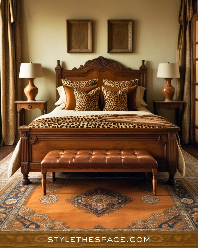 Burnt Orange and Leopard Print Bedroom with Vintage Warmth