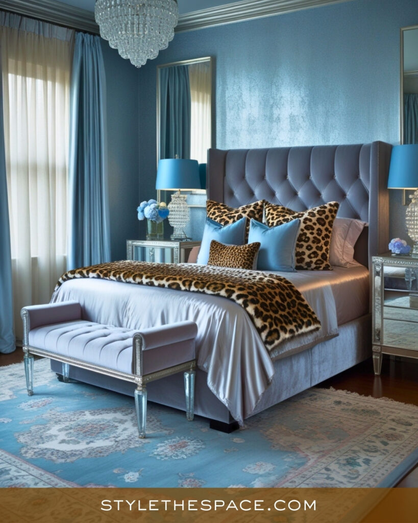 Powder Blue and Leopard Print Bedroom with Elegant Balance