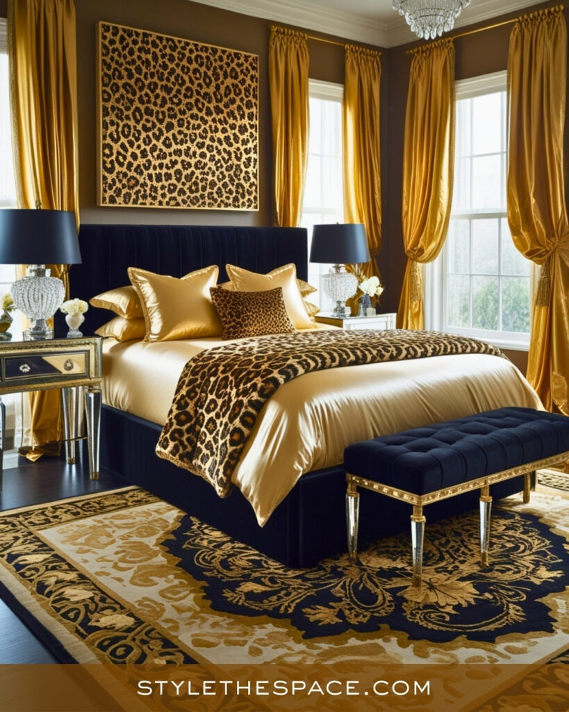 Navy, Gold, and Leopard Print Bedroom with Luxe Glamour