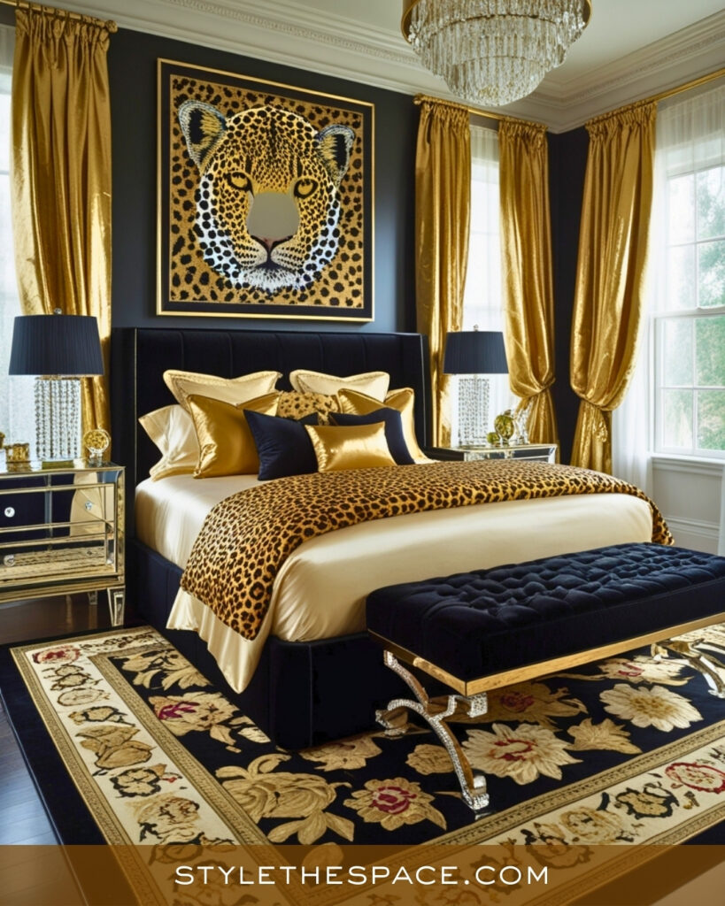 Black, Gold, and Leopard Print Bedroom with Luxe Glamour